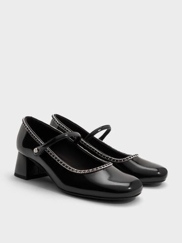 Braided-Chain Block-Heel Mary Jane Pumps, Black Boxed, hi-res