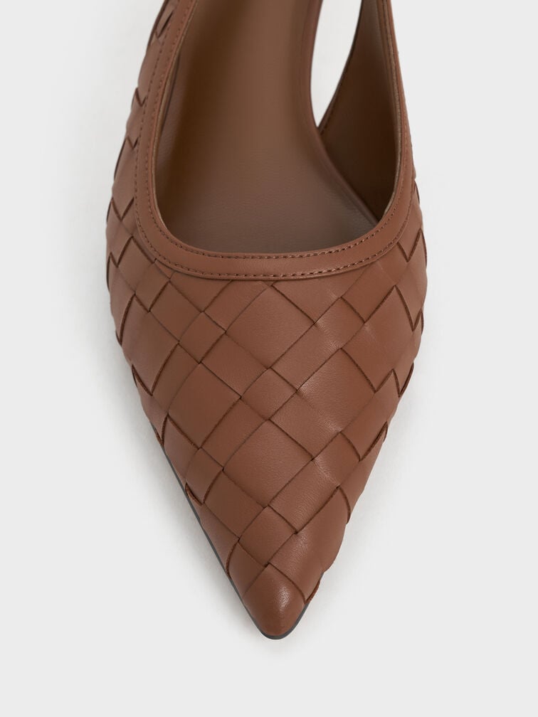 Ivette Woven Pointed-Toe Slingback Pumps, Caramel, hi-res