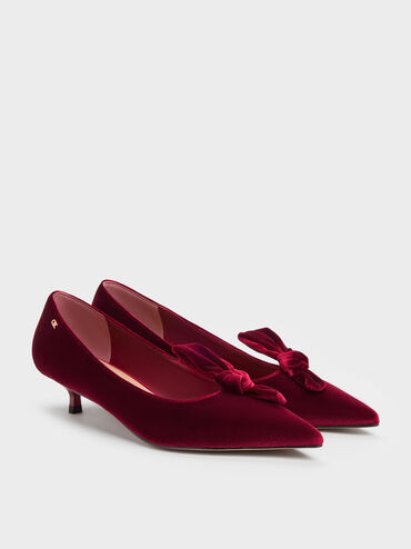 Illana Velvet Knot-Bow Kitten Heels, Red, hi-res