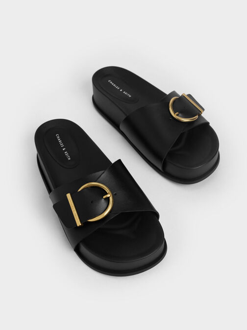 Metallic Buckle Flatform Sandals, , hi-res