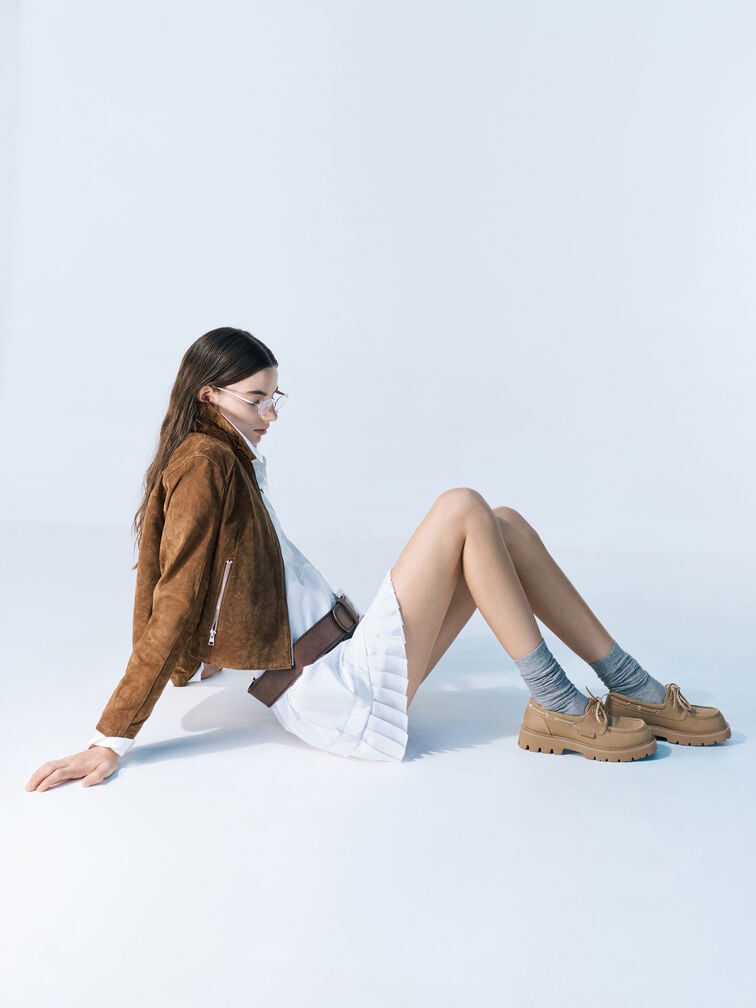 รองเท้าโบ๊ทชูส์พื้นหยักแบบผูกเชือก, สีแซนด์, hi-res