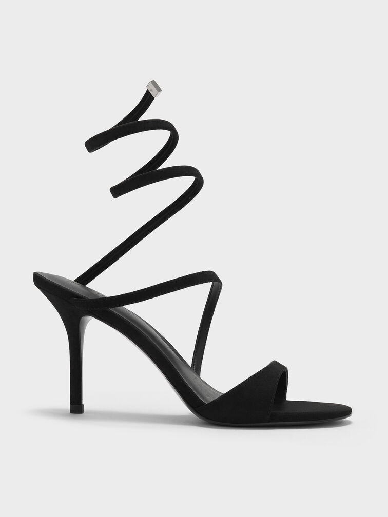 Emila Faux Suede Wraparound Heeled Sandals, Black Textured, hi-res