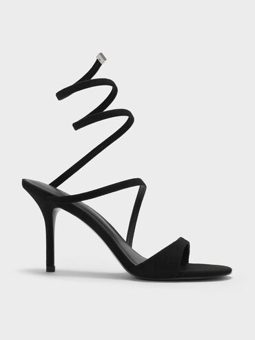 Emila Faux Suede Wraparound Heeled Sandals, Black Textured, hi-res