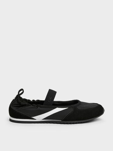 รองเท้าผ้าใบหนังแท้รีไซเคิลทรงแมรี่เจนรุ่น Jace, สีแบล็คเท็กซ์เจอร์, hi-res