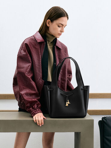 Mila Metallic-Knot Drawstring Tote Bag, Black, hi-res