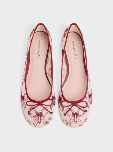 Embroidered-Mesh Bow Ballet Flats, Red, hi-res