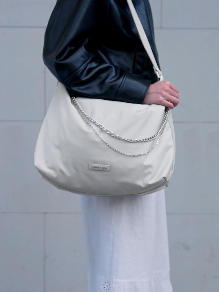 Nylon Chain-Link Slouchy Shoulder Bag, Light Grey, hi-res