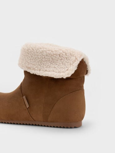 Faux Suede & Faux Shearling Ruched Fold-Over Boots, Brown, hi-res