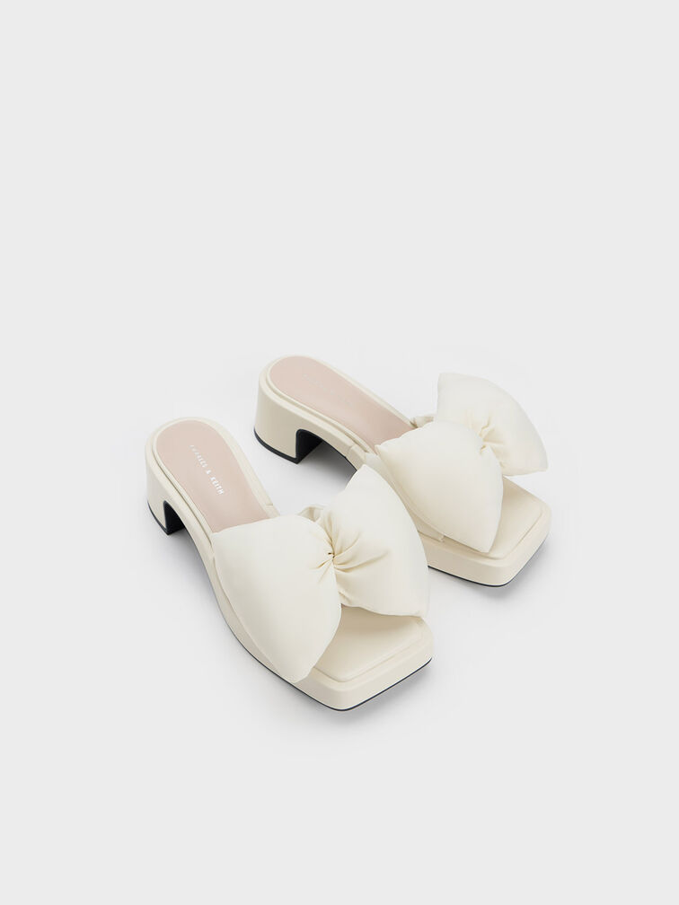 Puffy Bow Heeled Mules, สีครีม, hi-res