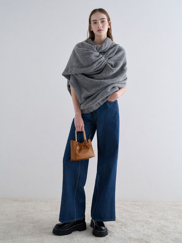 กระเป๋าสะพายไหล่ดีเทลจับจีบย่นที่จับแบบโซ่รุ่น Brigette, สีน้ำตาล, hi-res