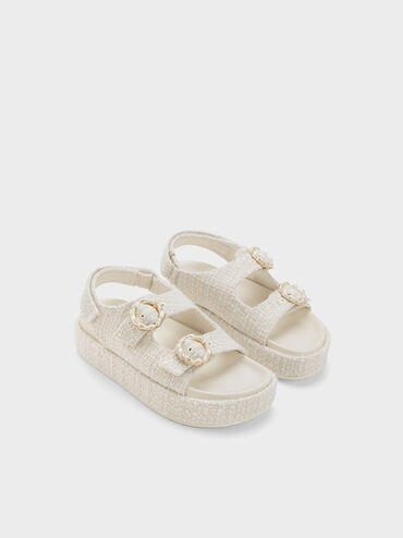Tweed Pearl-Buckle Double Strap Sandals, สีชอล์ค, hi-res