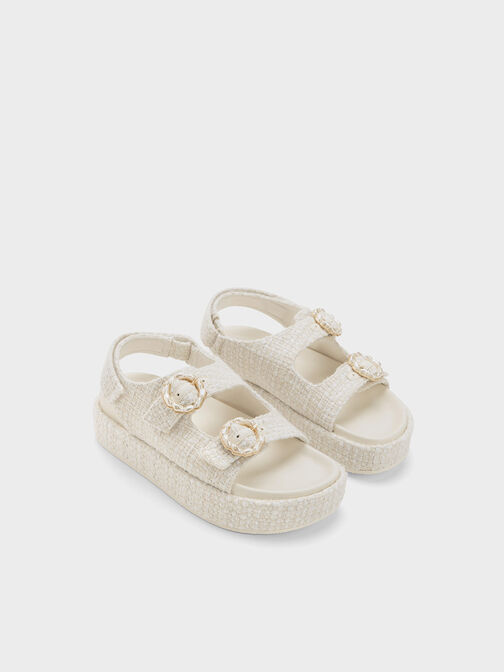 Tweed Pearl-Buckle Double Strap Sandals, สีชอล์ค, hi-res