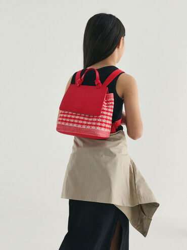 Girls' Ida Knitted Gingham Backpack, Gingham Red, hi-res