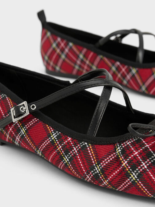 Tartan-Print Crossover-Strap Mary Jane Flats, สีแดง, hi-res