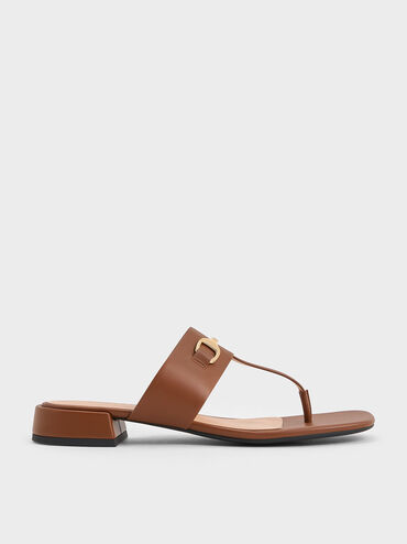 Leslie T-Bar Metallic Accent Thong Sandals, Cognac, hi-res