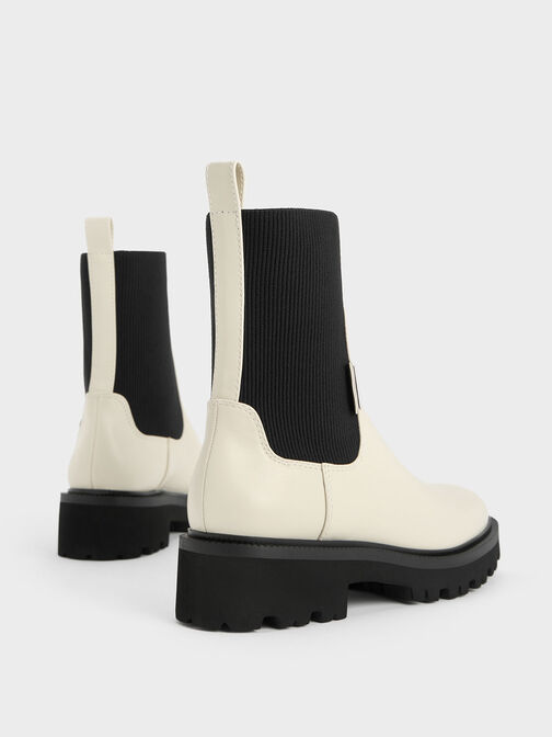 Two-Tone Knitted Sock Ridge-Sole Chelsea Boots, สีชอล์ค, hi-res