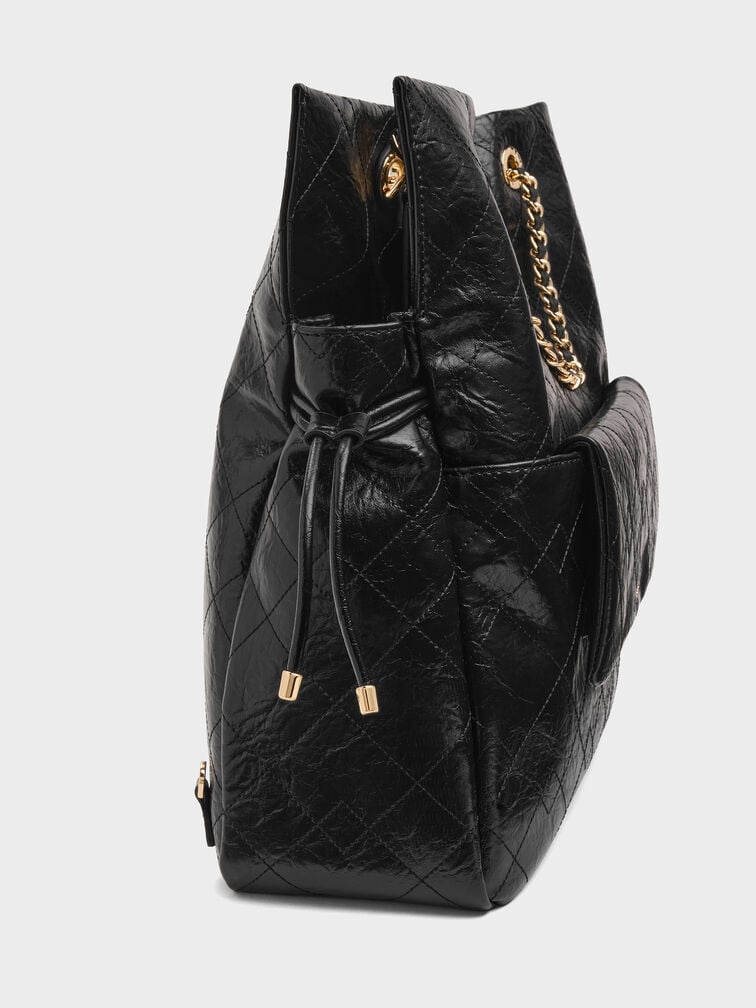 กระเป๋าเป้สองฟังก์ชันที่ปิดแบบเชือกรูดดีไซน์ลายควิลท์พร้อมสายโซ่ถักรุ่น Duo, สีดำ, hi-res