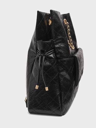 กระเป๋าเป้สองฟังก์ชันที่ปิดแบบเชือกรูดดีไซน์ลายควิลท์พร้อมสายโซ่ถักรุ่น Duo, สีดำ, hi-res