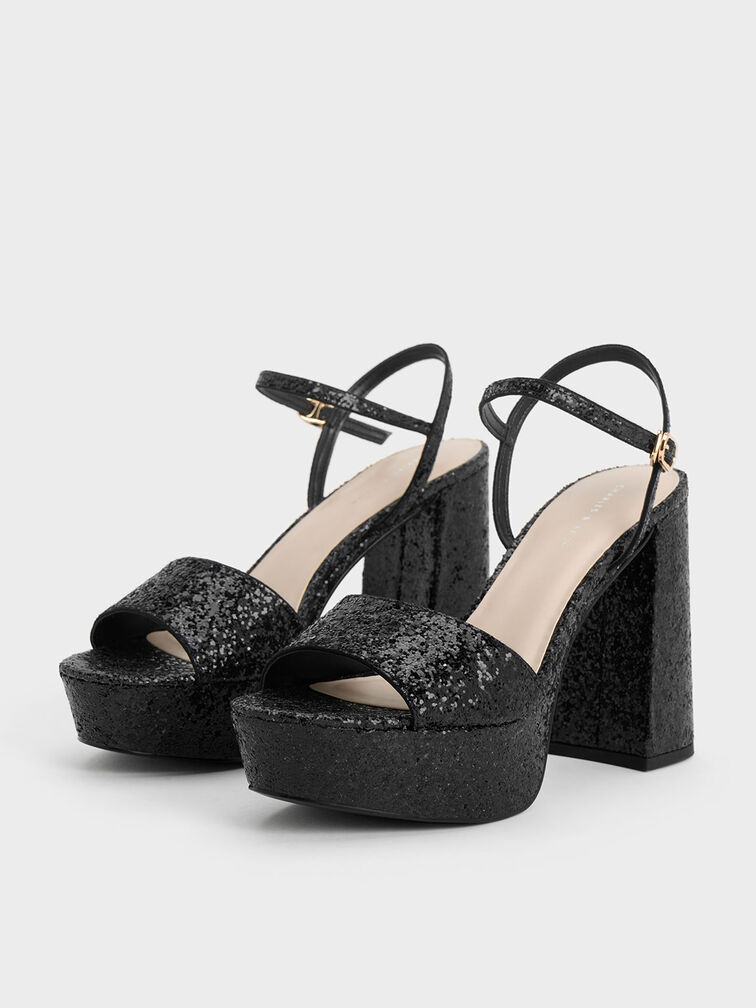 Glittered Ankle-Strap Platform Sandals, Black Textured, hi-res