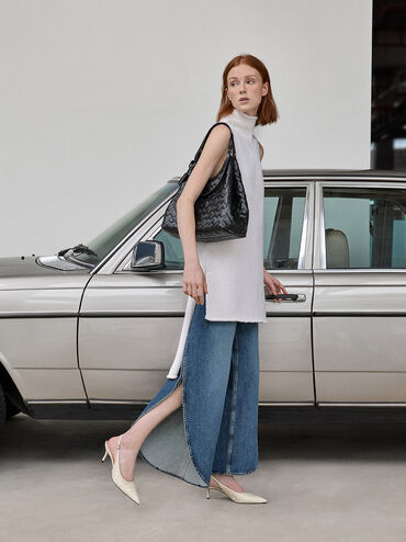 Woven Pointed-Toe Slingback Pumps, Chalk, hi-res