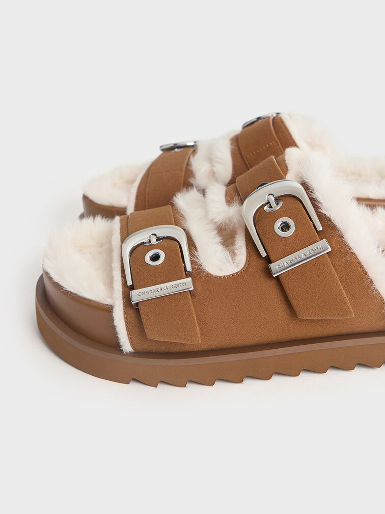 Hannah Furry Buckled Double-Strap Sandals, Brown, hi-res