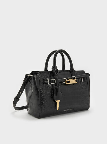 Mini Delfina Croc-Effect Belted Tote Bag, Black Croco, hi-res