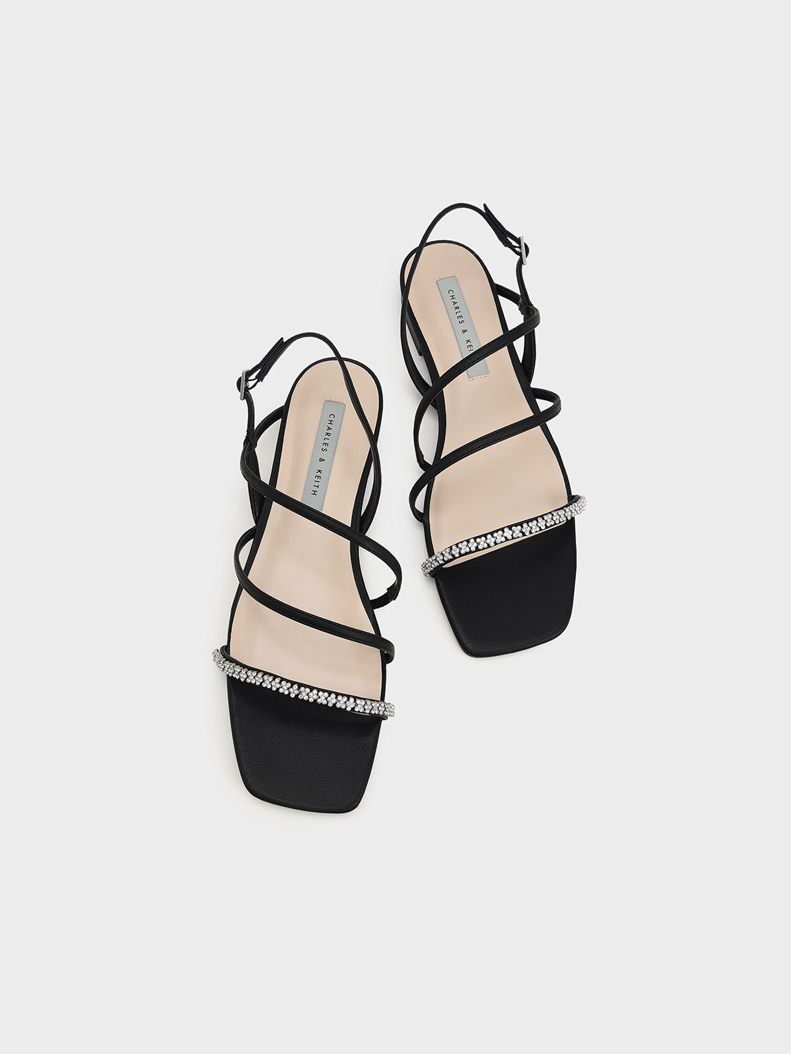 Gem-Encrusted Strappy Slingback Sandals, Black, hi-res