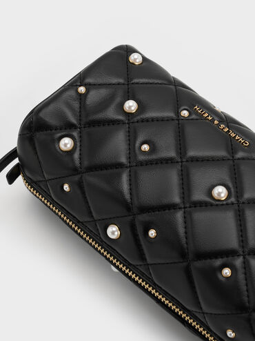 Janie Quilted Pearl Shoulder Bag, Black, hi-res
