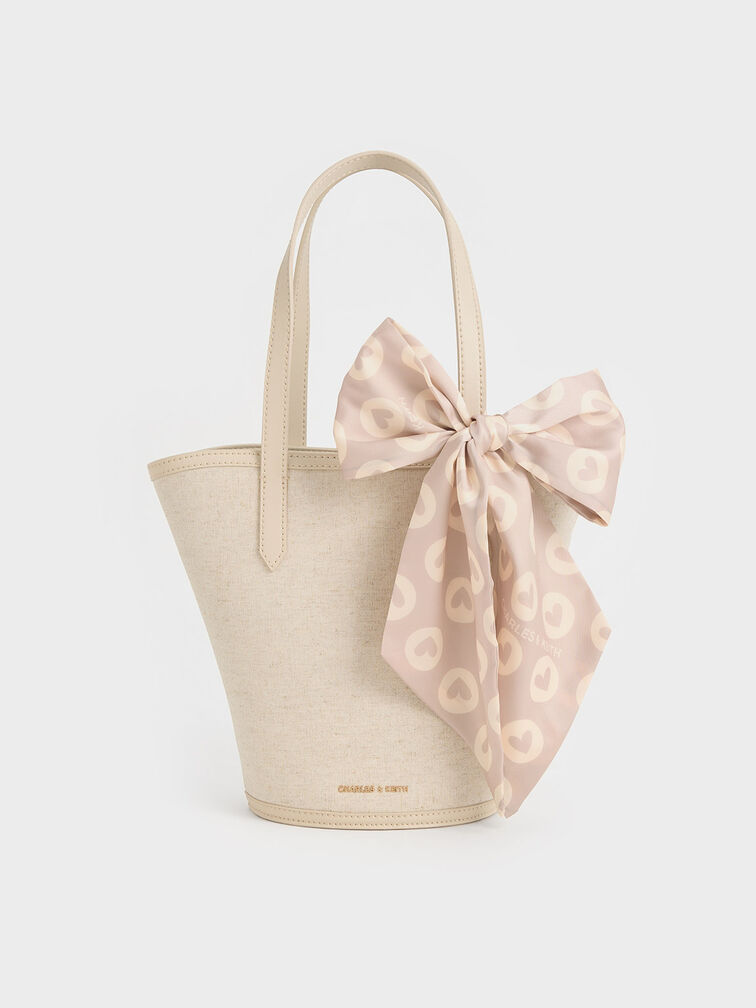 Sianna Linen Scarf-Print Tote Bag, Beige, hi-res