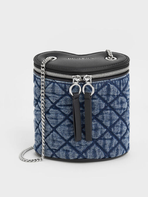 Philomena Denim Quilted Heart Cylindrical Bag, , hi-res