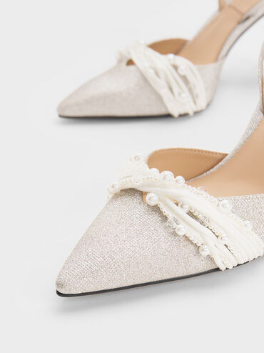 Beaded Glittered Ankle-Strap Pumps, สีเงิน, hi-res