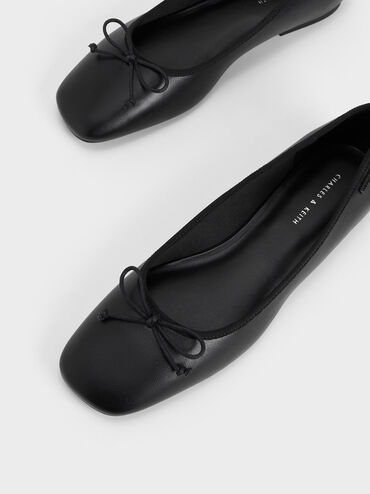 Rounded Square-Toe Bow Ballerinas, สีดำ, hi-res