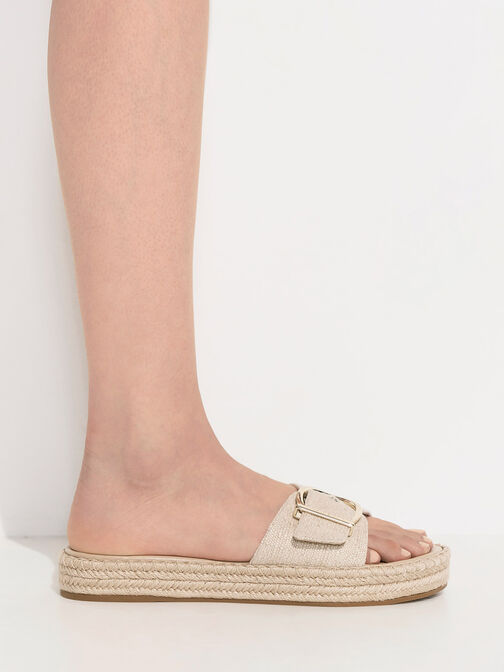 Linen Buckled Espadrille Flat Sandals, , hi-res