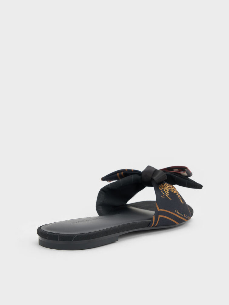 Satin Printed-Bow Slide Sandals, Black Textured, hi-res