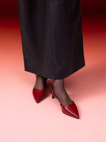 Patent Pointed-Toe Slingback Kitten Heels, Red, hi-res