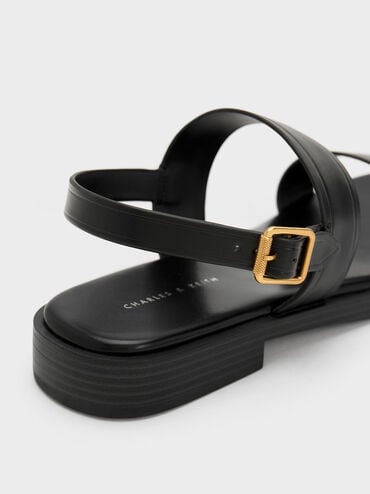 Buckled Double Strap Sandals, Black, hi-res
