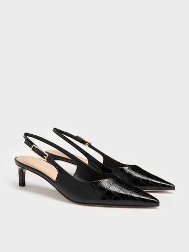 Luciana Croc-Effect Kitten-Heel Slingback Pumps, Animal Print Black, hi-res