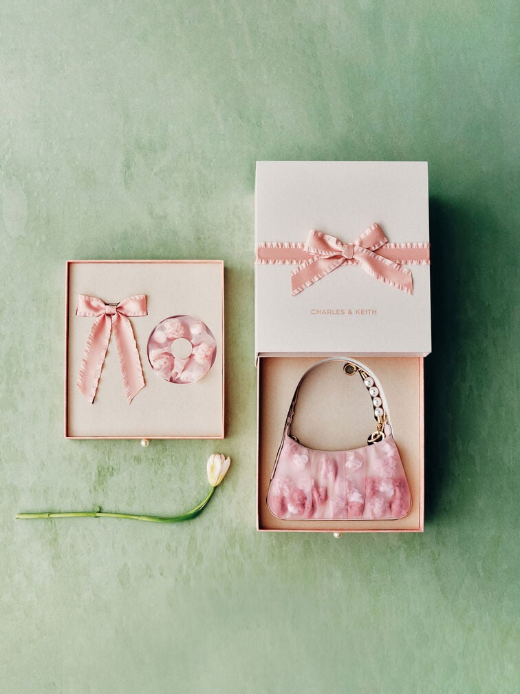 Gift Set: Floral-Mesh Pearl-Strap Shoulder Bag, Light Pink, hi-res