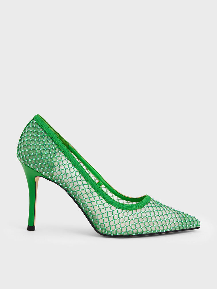Gem-Encrusted Mesh Heeled Pumps, , hi-res