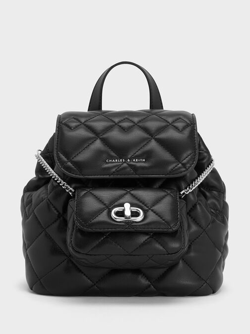 กระเป๋าเป้ลายควิลท์รุ่น Aubrielle, สีดำอะไหล่สีเงิน, hi-res
