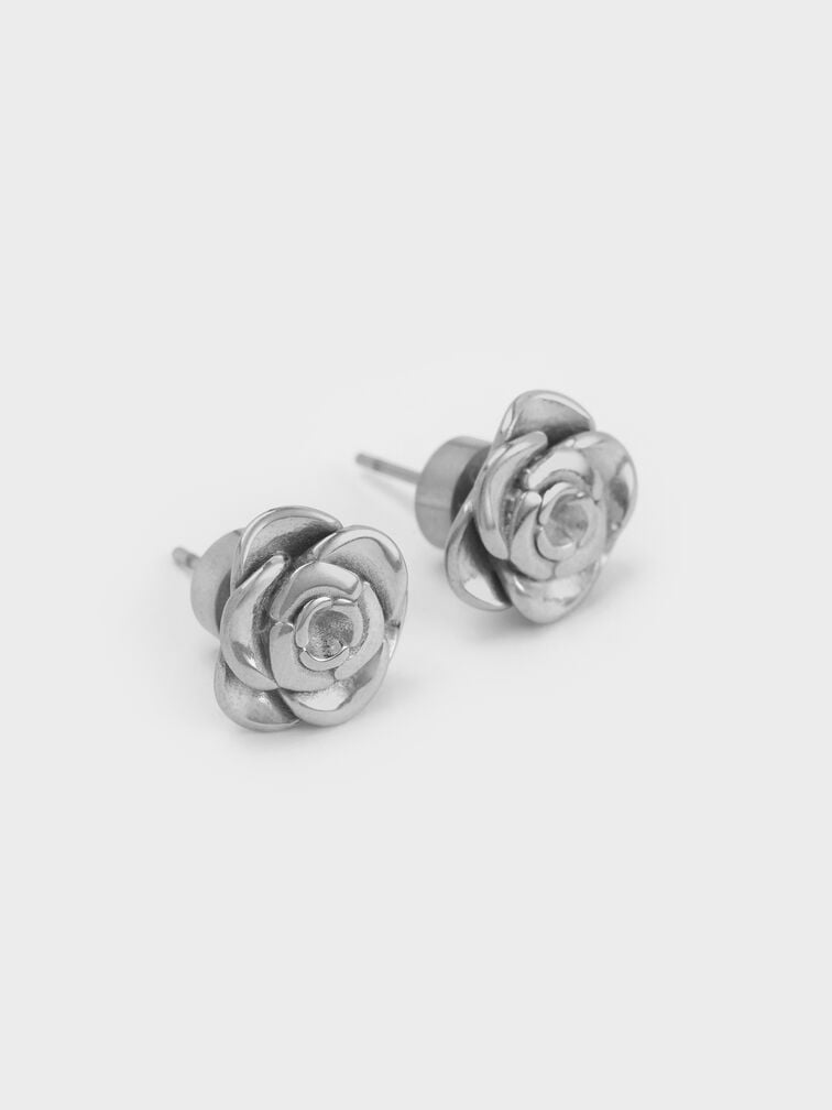 Rosalind Flower Stud Earrings, Brushed Silver, hi-res