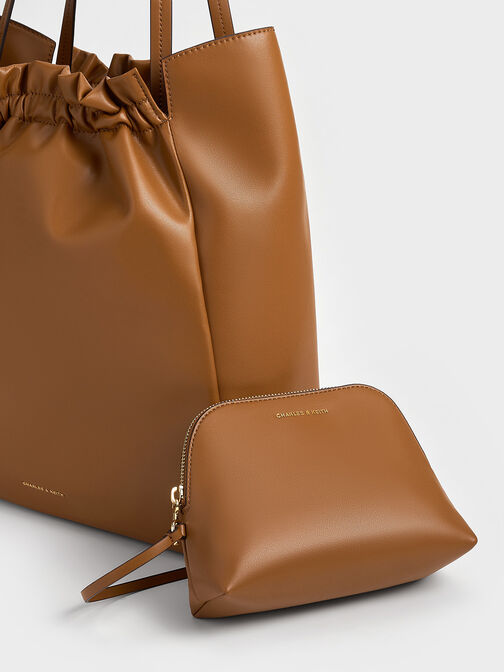กระเป๋าโท้ทดีเทลจับจีบย่นรุ่น Brigette, สีน้ำตาล, hi-res