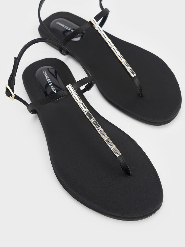 Satin Crystal-Embellished Thong Slingback Sandals, Black Textured, hi-res