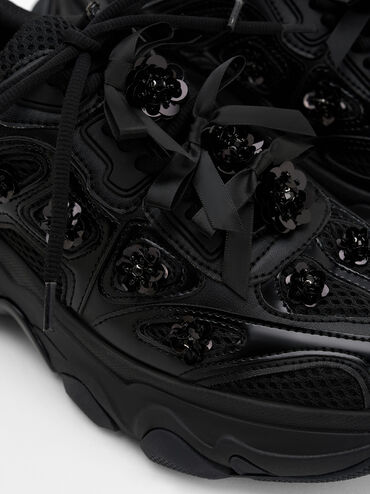 Gaskell Flower-Embellished Chunky Sneakers, Black, hi-res