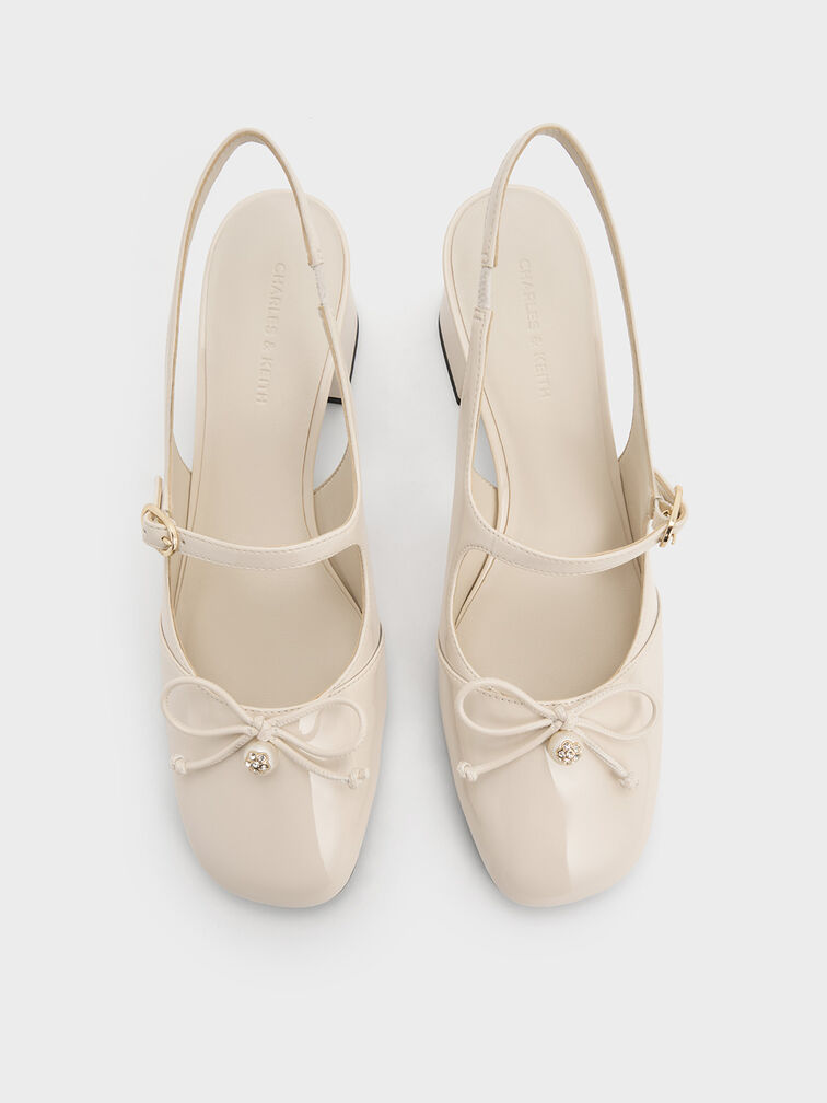Patent Bow Crystal-Pearl Slingback Mary Jane Pumps, Chalk, hi-res