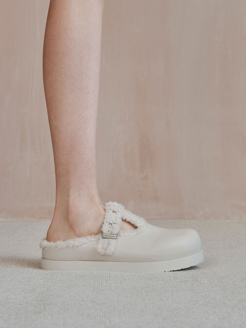 Fur-Trim Buckled Mules, , hi-res