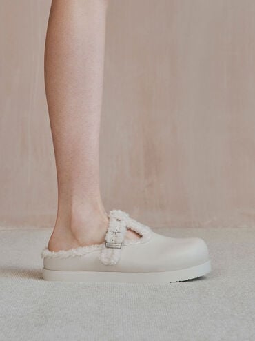Fur-Trim Buckled Mules, สีชอล์ค, hi-res