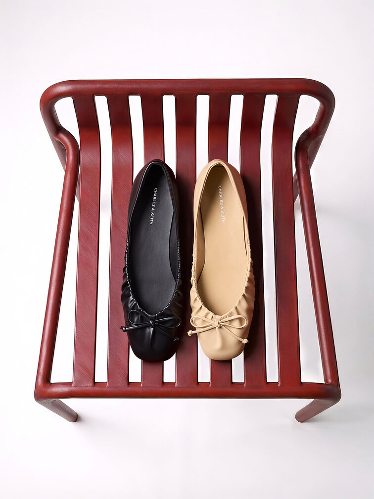 Ruched Bow Ballet Flats, Black, hi-res