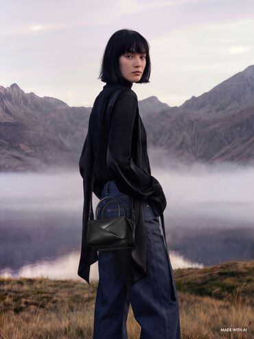 กระเป๋าโบว์ลิ่งดีไซน์ลายเรขาคณิตรุ่น Midori, สีดำอะไหล่สีดำ, hi-res