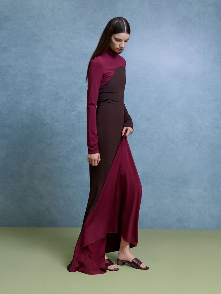 รองเท้าส้นสูงแบบเปิดส้นหนังแก้วดีไซน์สายคาดด้านหน้าแบบกว้าง, สีเบอร์กันดี, hi-res